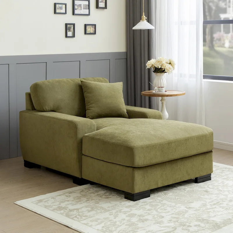 Nowoczesna, ponadgabarytowa sofa z szezlongiem i funkcją spania w stylu mid-century, z poduszką