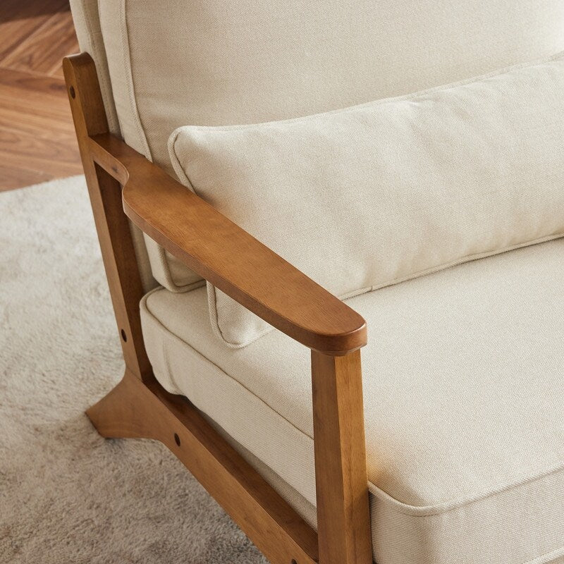 Fauteuil d'appoint rembourré en mélange de lin avec pieds en bois et un coussin, beige