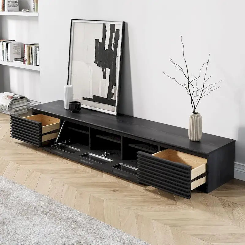 Minimalistische tv-meubel met laden, mediaconsole van massief hout met kasten, neerklapbare deur, walnootfineer, volledig gemonteerd