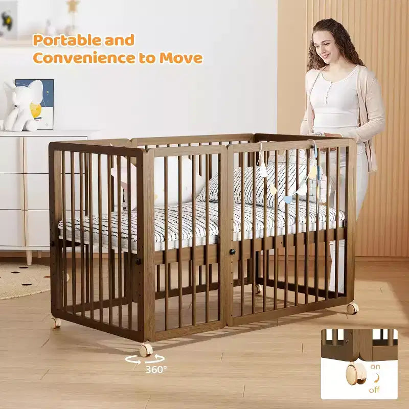 JOYMOR 8-in-1-Umbaubabybett, inklusive 2 Matratzen, umwandelbar in Stubenwagen, mittelhohes Babybett, großes Babybett, Tagesbett, Kleinkinderbett und Laufstall