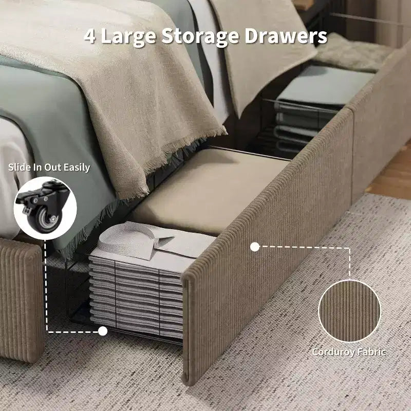 CuisinSmart corduroy bedframe met hoofdbord, gestoffeerd platformbed met 4 opbergladen en houten lattenbodem