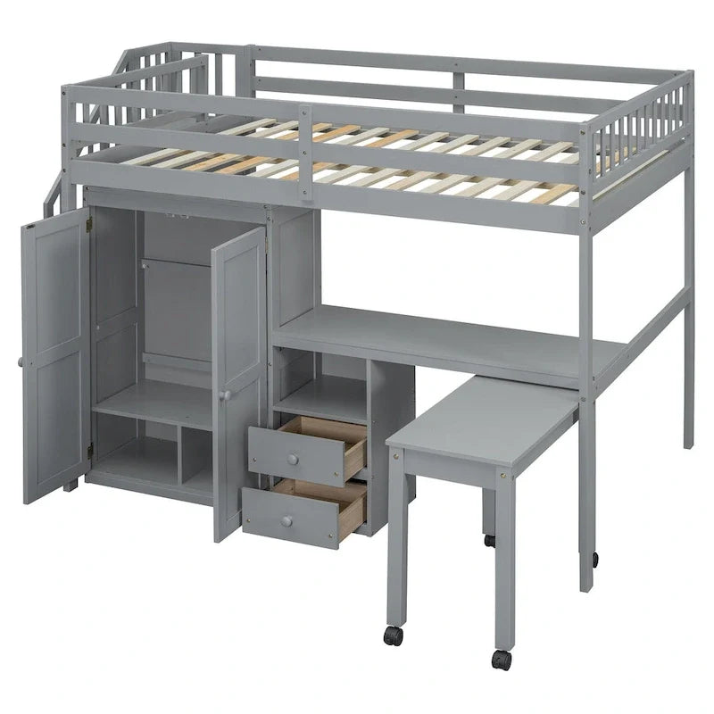 Lit mezzanine deux places avec escalier, bibliothèque, bureau et armoire – meuble multifonction gain de place pour enfants et adolescents – blanc