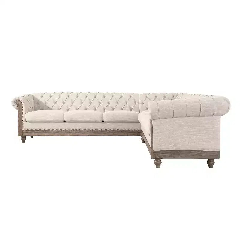 Grote retro-hoekbank Mirod met houten poten, comfortabel modulair ontwerp voor de woonkamer, lounge en gezinsruimtes