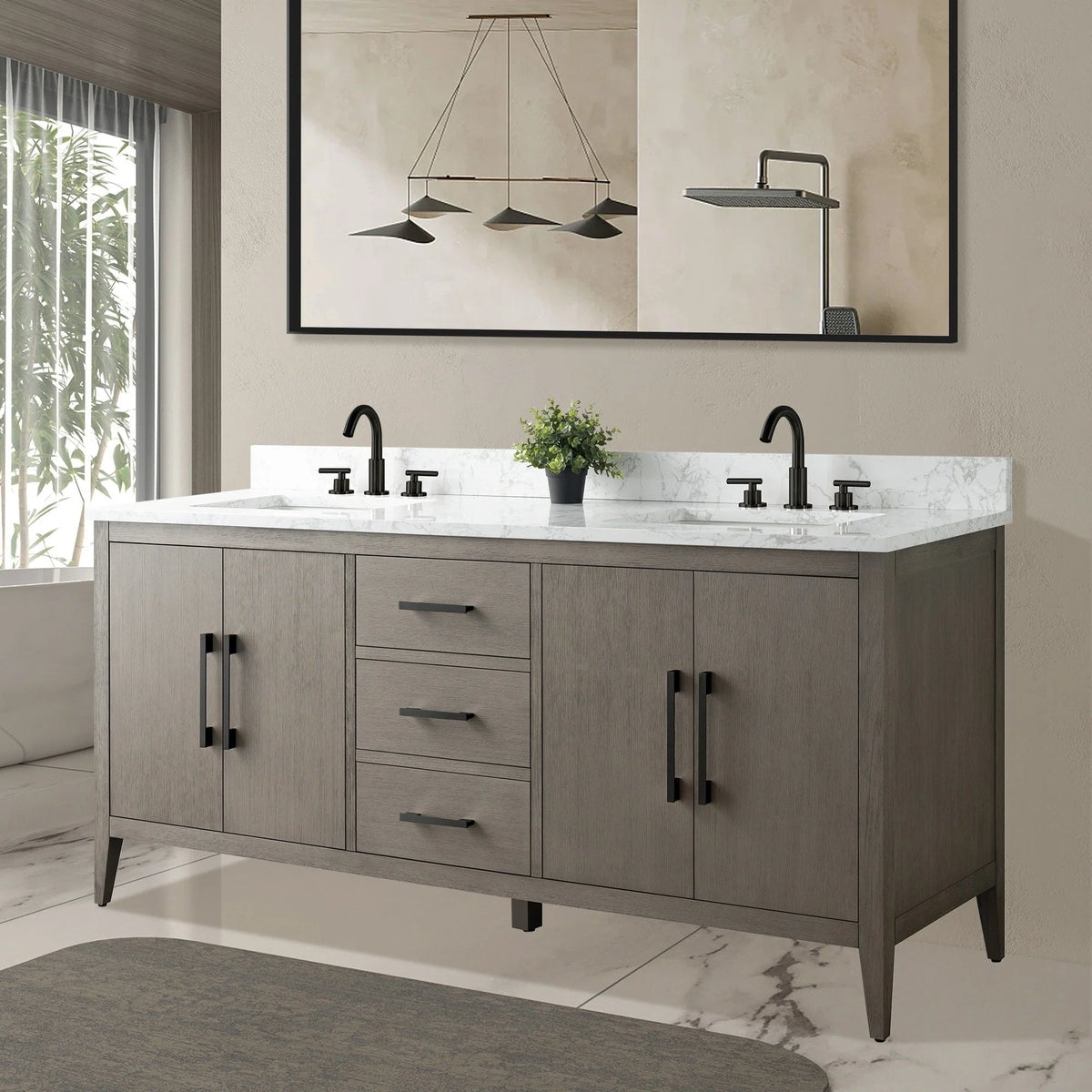Vanity Art 72 Double Sink Bathroom Vanity Cabinet with Engineered Marble Top