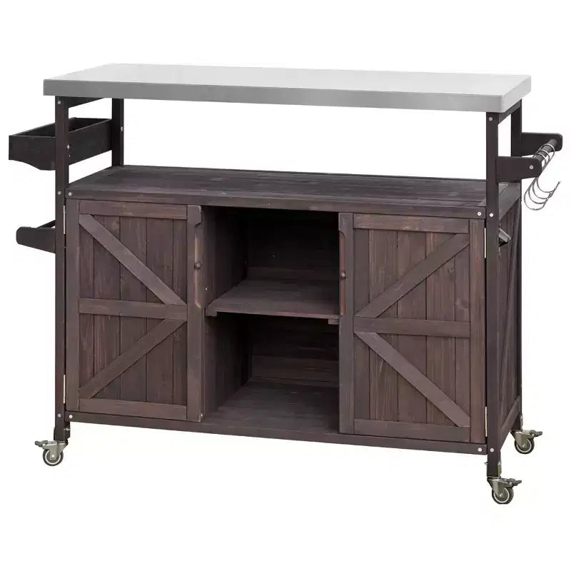 Îlot de cuisine extérieur Okak avec plateau en acier inoxydable, desserte de cuisine en bois avec portes, étagères et porte-épices, îlot de cuisine à roulettes