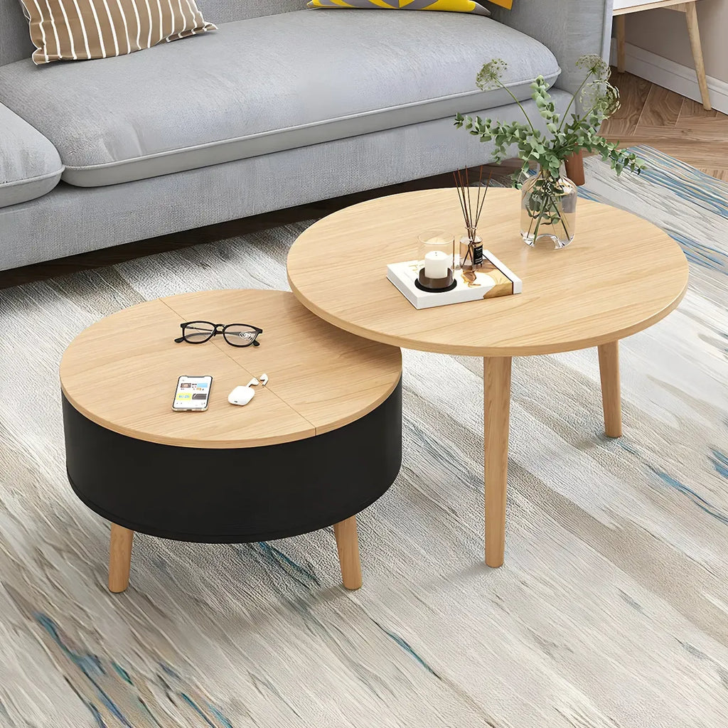 Moderne ronde houten salontafel in zwart en wit met opbergruimte
