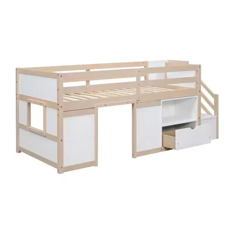Lit mezzanine simple Okak en bois massif avec escalier et rangement, lit superposé simple bas avec tiroirs et étagères, lit mezzanine multifonctionnel pour enfants et adolescents