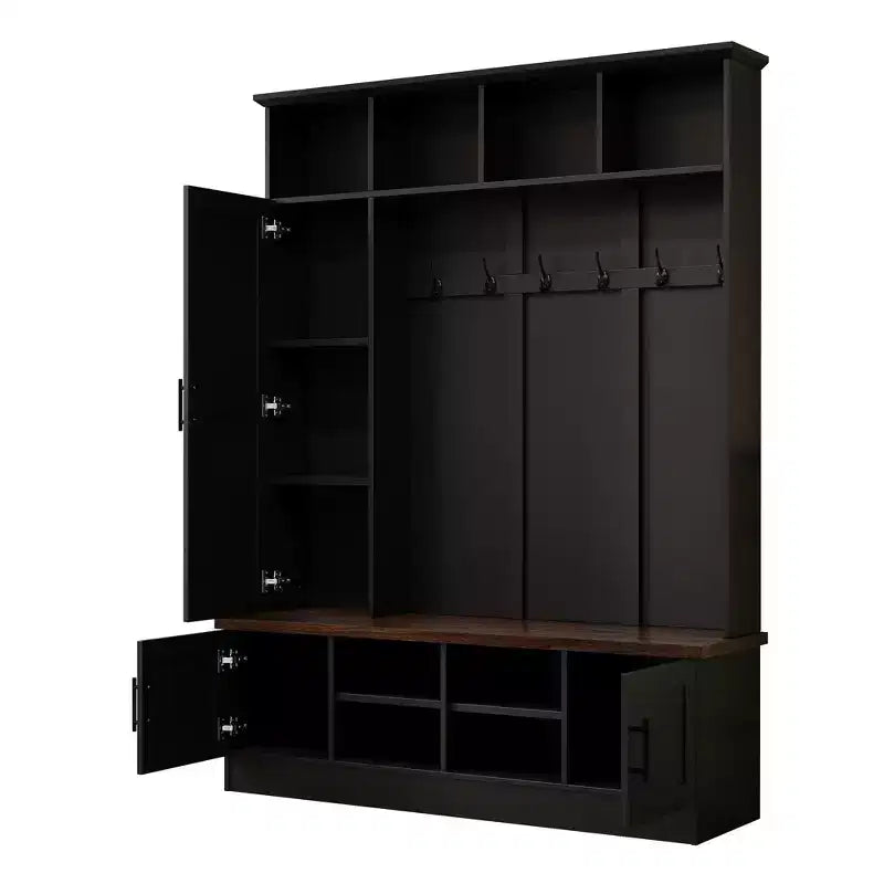 Garderobenständer für den Eingangsbereich mit Schuhbank, multifunktionale Garderobe mit 6 Haken, Garderobenleiste aus Holz mit Schuhaufbewahrung für Eingangsbereich und Wohnzimmer