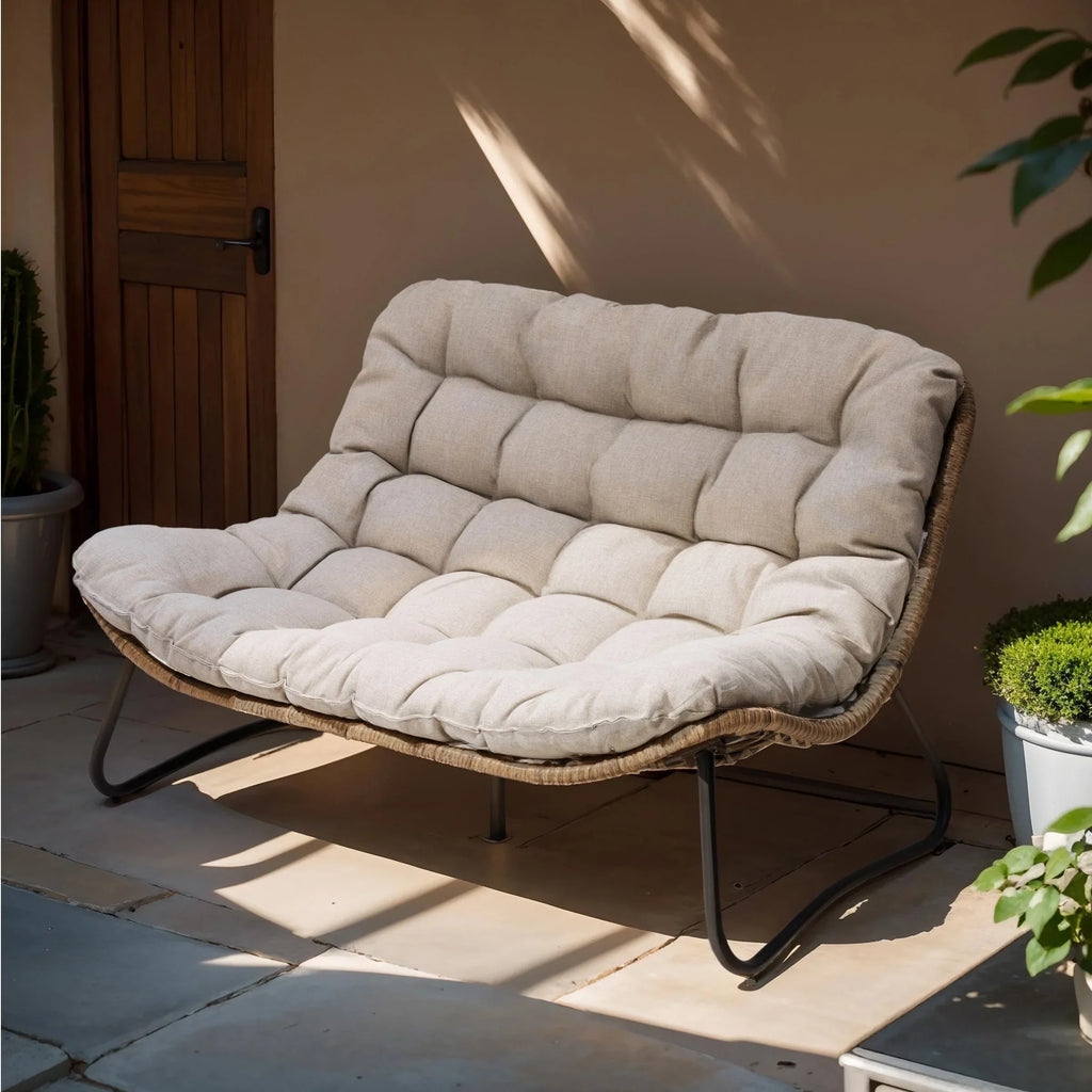 Minderli Çiftli Papasan Koltuk, İç ve Dış Mekân için Her Hava Koşuluna Uygun PE Rattan ve Metal Çerçeve