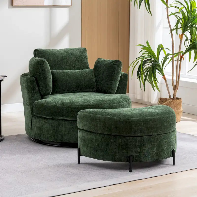 Fauteuil d’appoint pivotant rembourré de 42,3W avec 4 coussins et pouf de rangement demi-lune