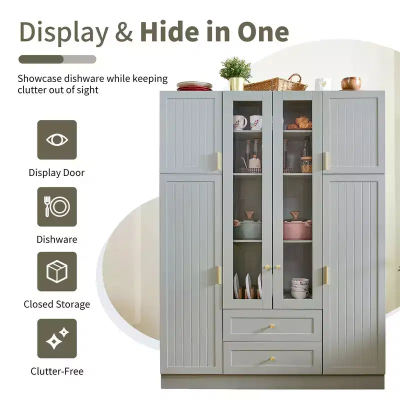 Garde-manger de cuisine autoportant Whisen de 180 cm de hauteur, grande armoire de rangement pour salle à manger avec 6 portes et étagères réglables