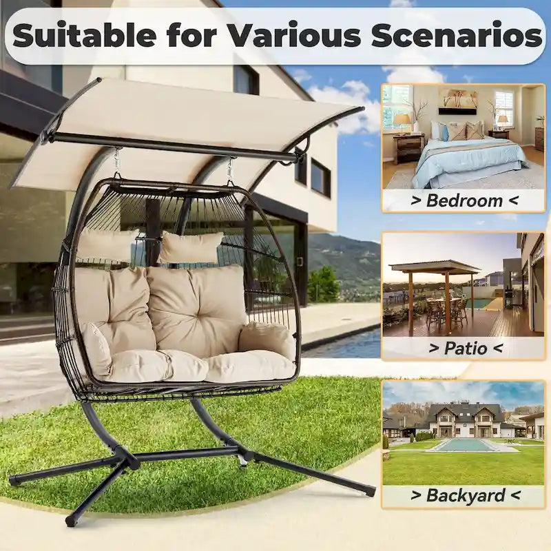Outdoor-Schaukelsofa für zwei mit Gestell, faltbarer Hängesessel, Hängemattenkissen und Sonnendach, doppelter Eiersessel – Beige
