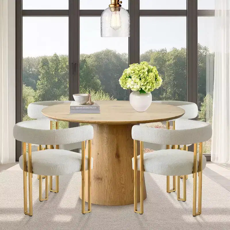 Uitbreidbare ronde tot ovale eettafelset met 4 fluwelen fauteuils, modern voetstukontwerp, geschikt voor maximaal 8 personen-Panipeachy