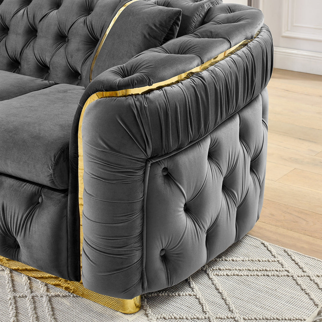 90.6 Velvet 3-Seater Sofa with 2 Pillows High-Density Cushions, Gold Accents, and Pillows