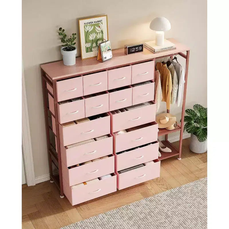 Commode avec 16 tiroirs, tringle et étagères, organisateur de rangement en tissu pour chambre, dressing ou entrée