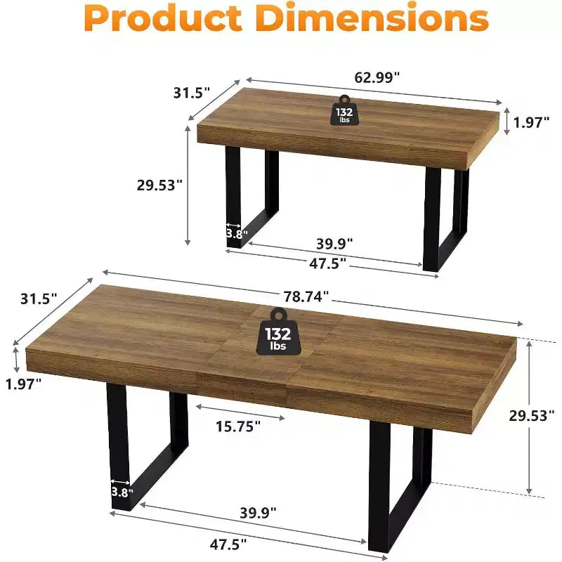 Zevemomo uitschuifbare eettafel van 63-78,7 inch, rechthoekige keukentafel voor 6-10 personen met metalen rail en taps toelopende U-vormige poten, voor eetkamer en kantoor - bruin