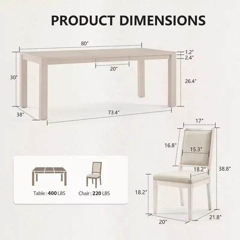 Moderne eetset - tafel van 80 + 6 stoelen met kussens, frame van massief hout, tafel draagvermogen van 400 lbs, eenvoudige montage