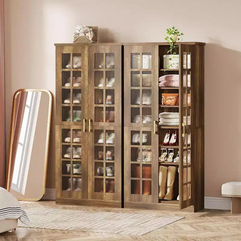 Lantine hoge schoenenkast met deuren, schoenenopbergruimte met 8 niveaus en verstelbare planken, moderne schoenenkast voor hal, garderobe of woonkamer, wit