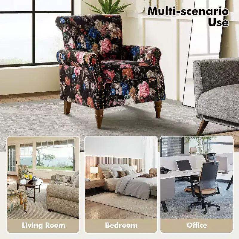 Sillón floral tradicional Araceli con estructura de madera, tapizado, respaldo alto con alas y acabado de tachuelas| ART OF LIVING DESIGNS