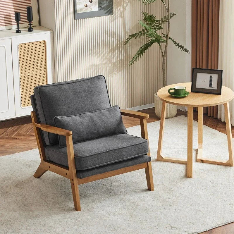 Fauteuil d'appoint rembourré en mélange de lin avec pieds en bois et un coussin, beige