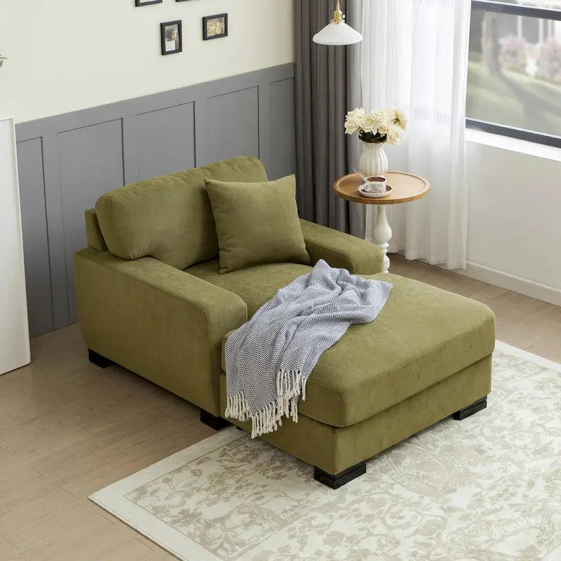 Nowoczesna, ponadgabarytowa sofa z szezlongiem i funkcją spania w stylu mid-century, z poduszką