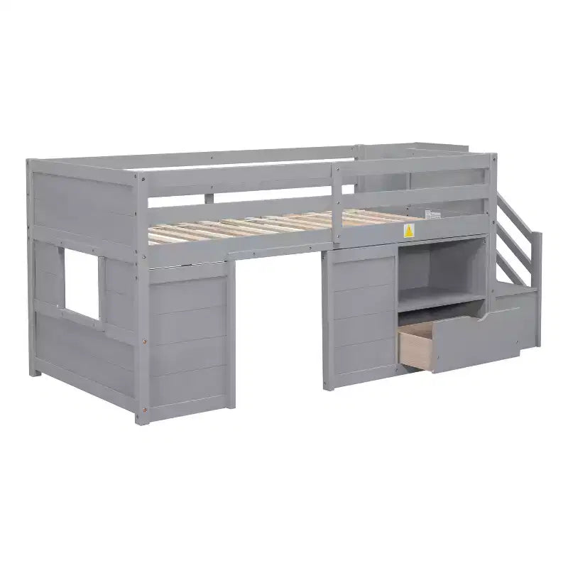 94,6L x 42,3B bed van massief hout in eenpersoonsformaat, laag hoogslaperbed met trap, lade en plank, modern en strak ontwerp