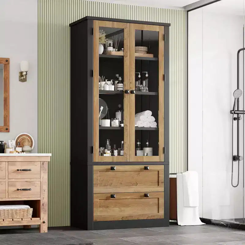 Armoire de rangement de cuisine style champêtre avec portes vitrées, meuble de rangement de 72 pouces avec tiroirs et étagères réglables pour la salle à manger, la salle de bains ou le salon