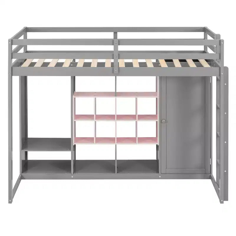 Kinderhoogslaper met kledingkast en planken, houten hoogslaperframe met opbergkast voor kinderen en tieners