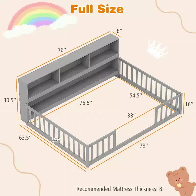 Łóżko podłogowe Montessori w rozmiarze Twin/Full z półkami na książki i miejsce do przechowywania oraz barierkami ochronnymi, białe/szare