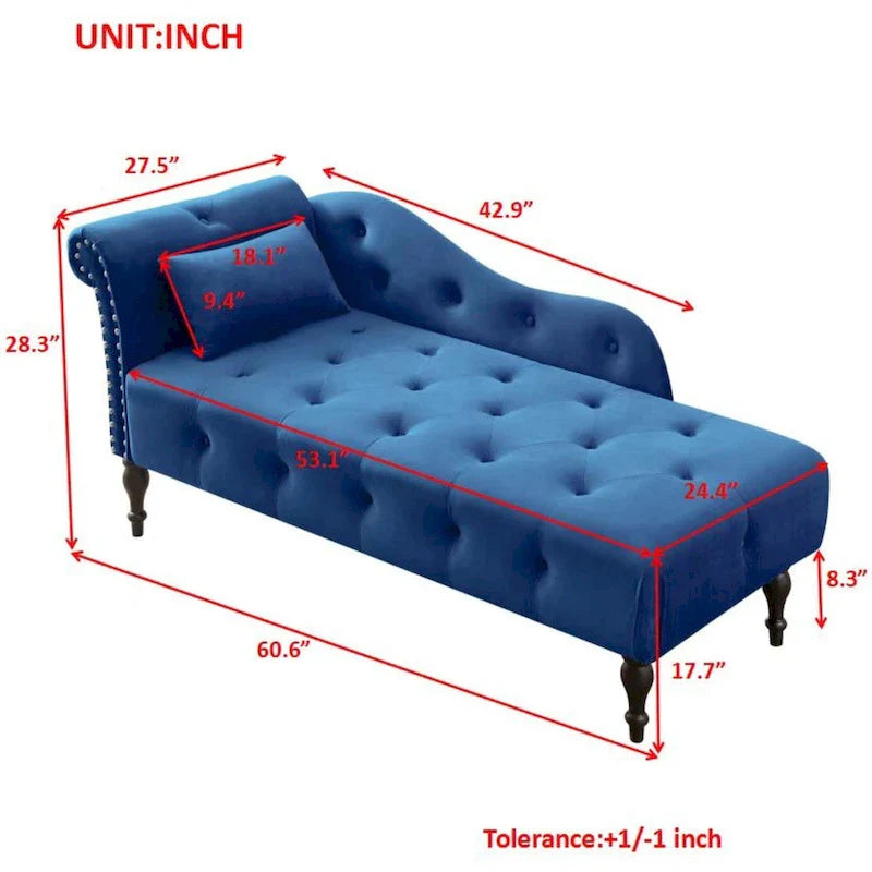 Chaise longue moderne de 60,6 po, revêtement en velours, boutons capitonnés, pieds en bois massif et clous décoratifs