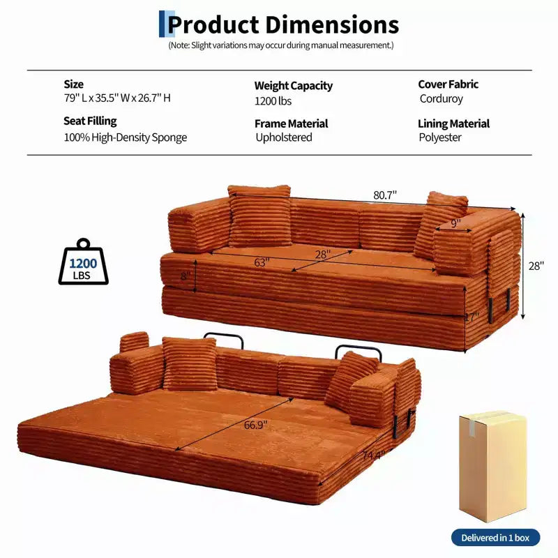 80.7 5-in-1 Convertible Sleeper Sofa Bed ??Corduroy, 1200 lbs, No Assembly