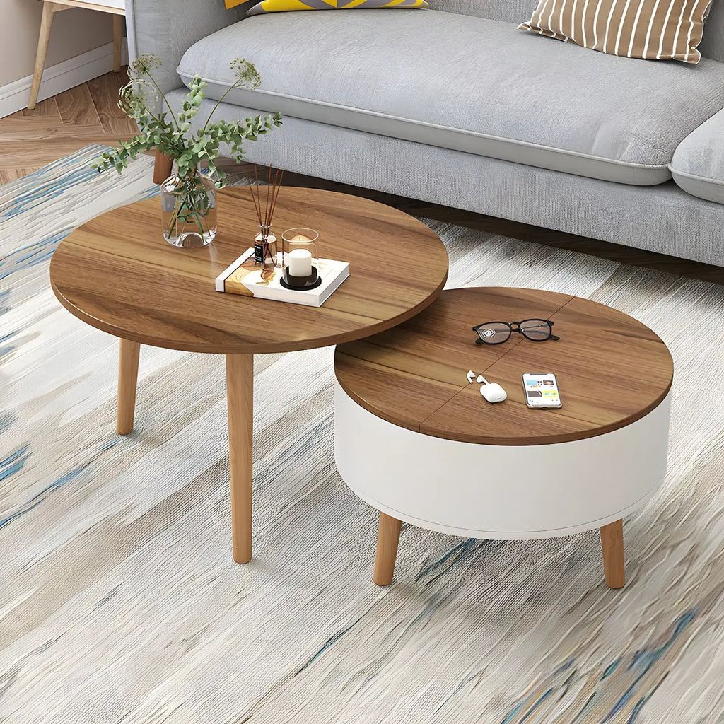 Moderne ronde houten salontafel in zwart en wit met opbergruimte