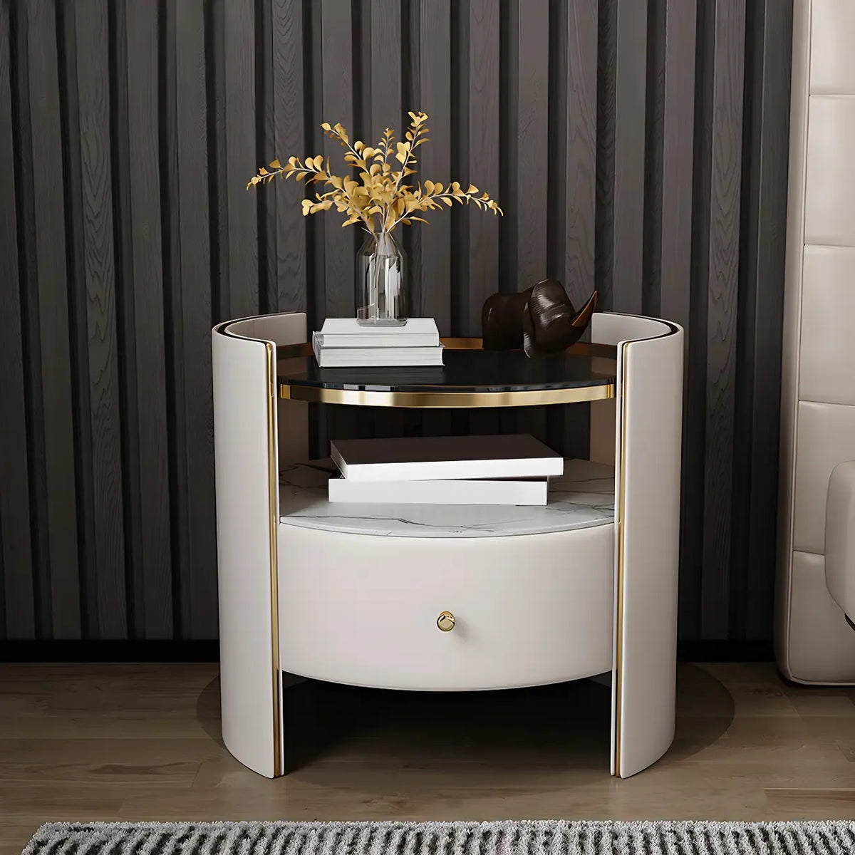 Luxury Glass Top Nightstand with Drawer Storage and Open Cubby