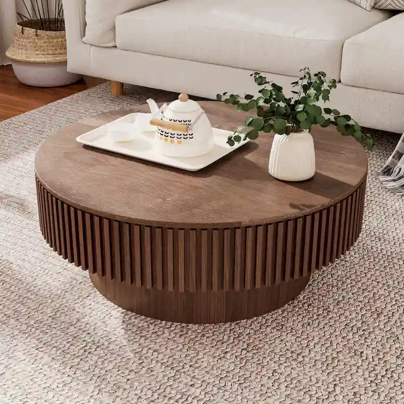 Table basse ronde moderne en bois massif plaqué avec rangement