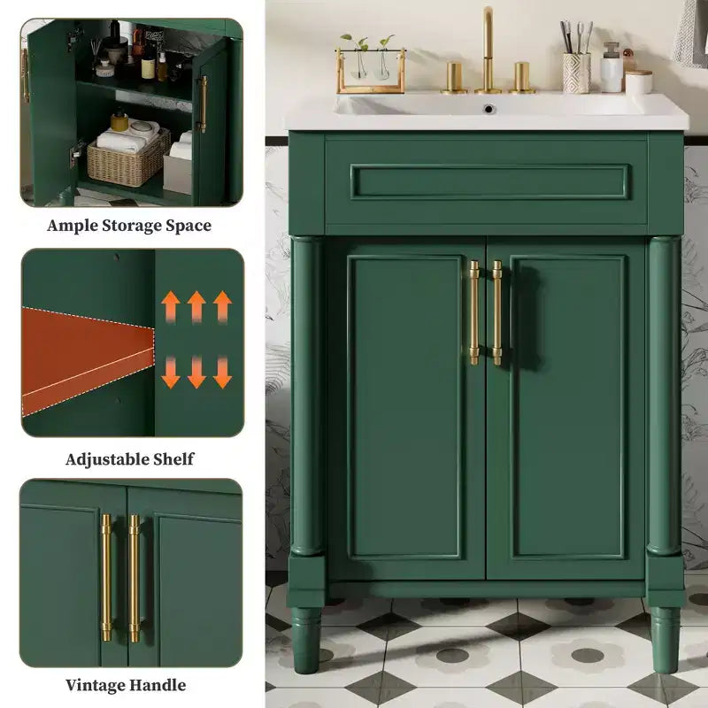 Badkamermeubel van 24 inch met keramische wastafel, Shaker-kast, 2 softclose-deuren en massief houten frame voor een kleine badkamer of toiletruimte
