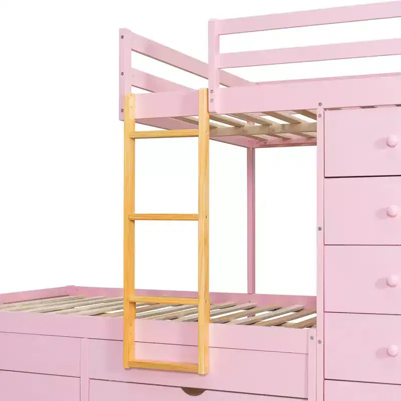 Stapelbed met twee volledige bedden, opbergkast en laden, houten ruimtebesparend stapelbed van volledig formaat met veiligheidshekje voor appartement of slaapkamer