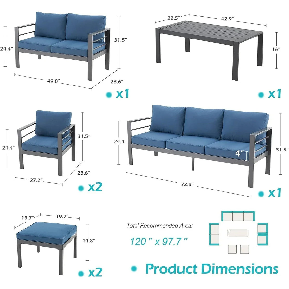 AECOJOY 7-delige aluminium tuinmeubelset voor buiten, loungeset