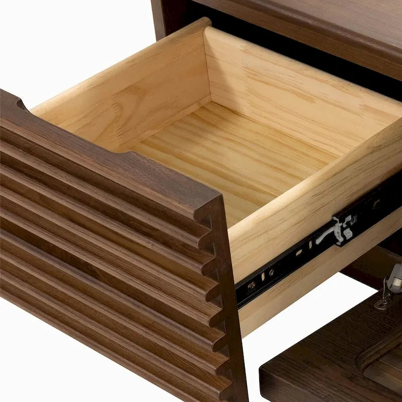 Minimalistische tv-meubel met laden, mediaconsole van massief hout met kasten, neerklapbare deur, walnootfineer, volledig gemonteerd