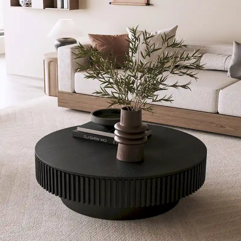 Table basse ronde moderne en bois massif plaqué avec rangement