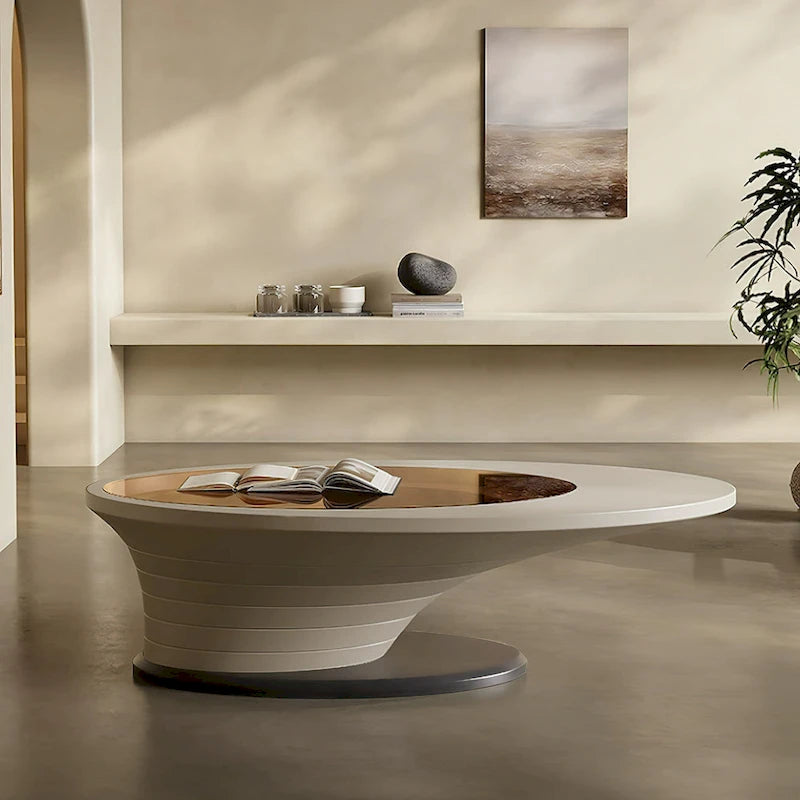 Moderner minimalistischer Couchtisch mit ovaler Glasplatte und hellgrauem Untergestell - L 51.18'W 25.59'H 14.37'