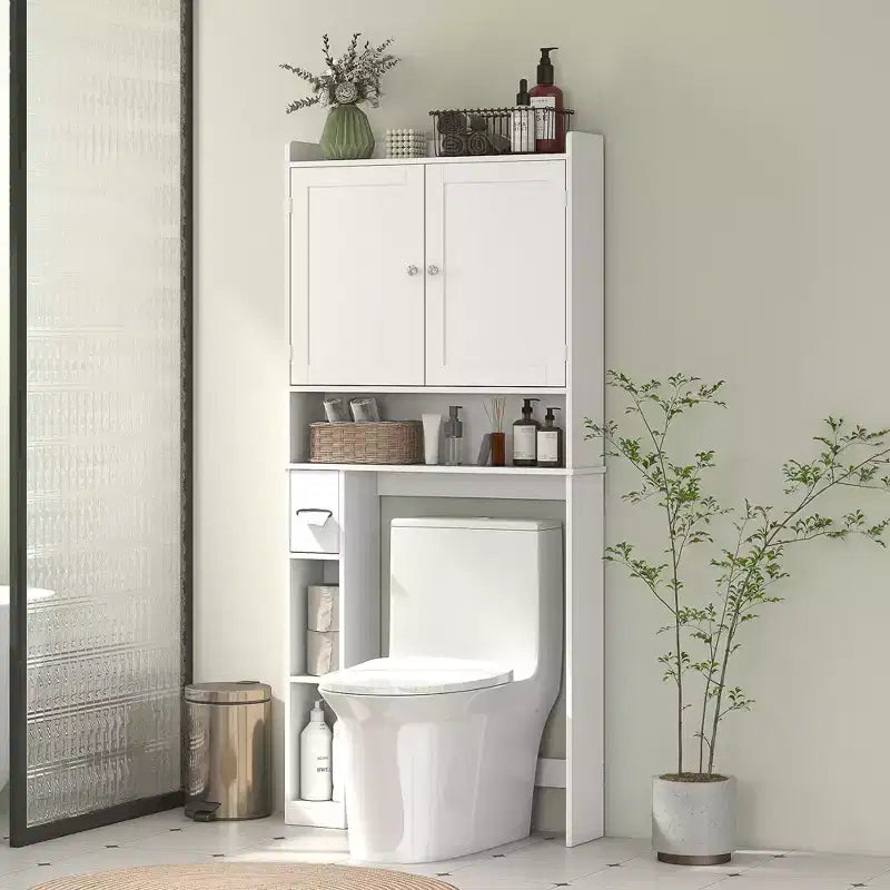 Meuble de rangement HOMCOM au-dessus des toilettes, organisateur de salle de bains moderne avec 2 portes et porte-papier toilette, gain de place autoportant