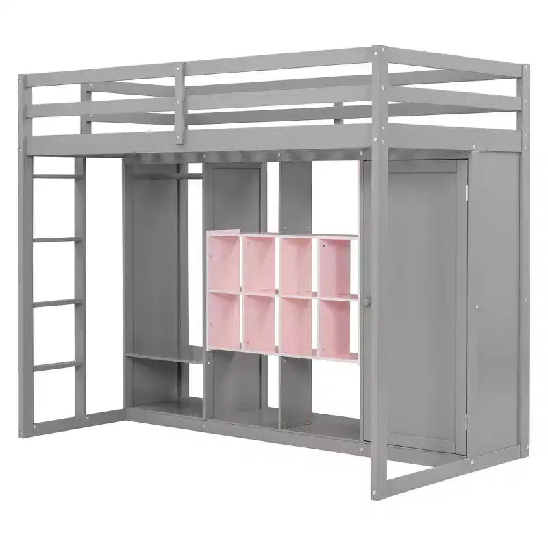 Kinderhoogslaper met kledingkast en planken, houten hoogslaperframe met opbergkast voor kinderen en tieners