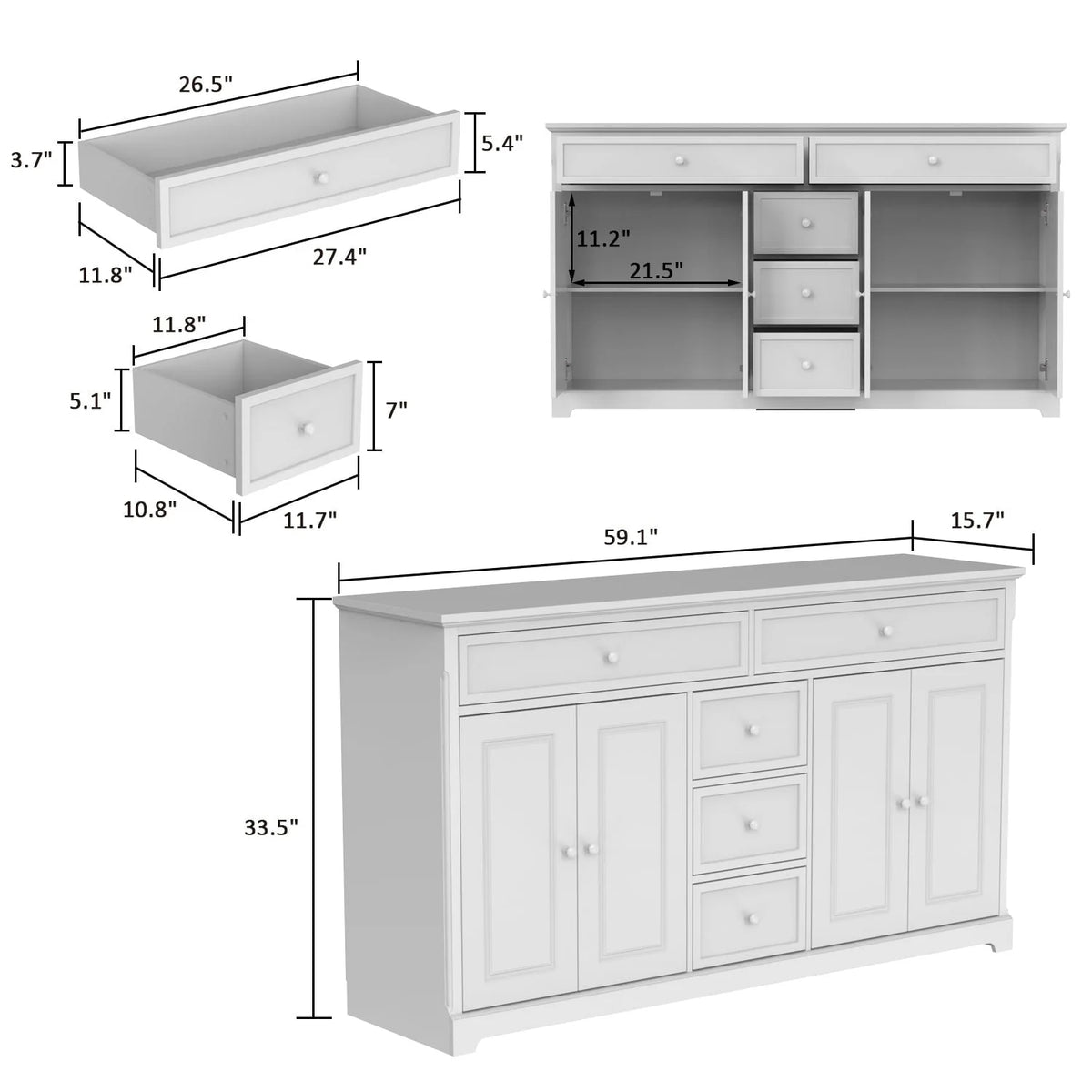 59,1-inch wit buffetdressoir, modern uit het midden van de eeuw, eigentijds, gelakt