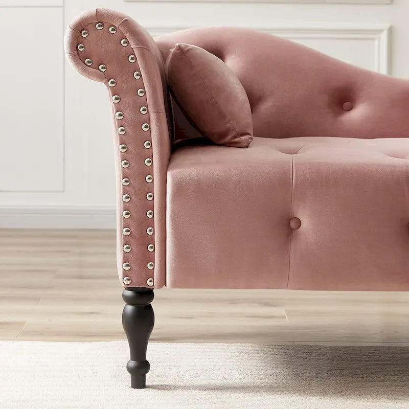 Chaise longue moderne de 60,6 po, revêtement en velours, boutons capitonnés, pieds en bois massif et clous décoratifs