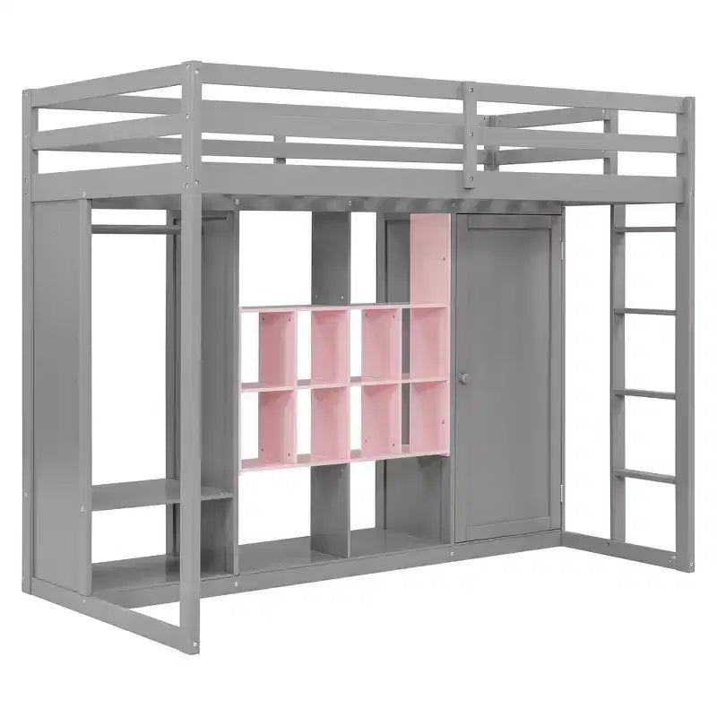 Kinderhoogslaper met kledingkast en planken, houten hoogslaperframe met opbergkast voor kinderen en tieners