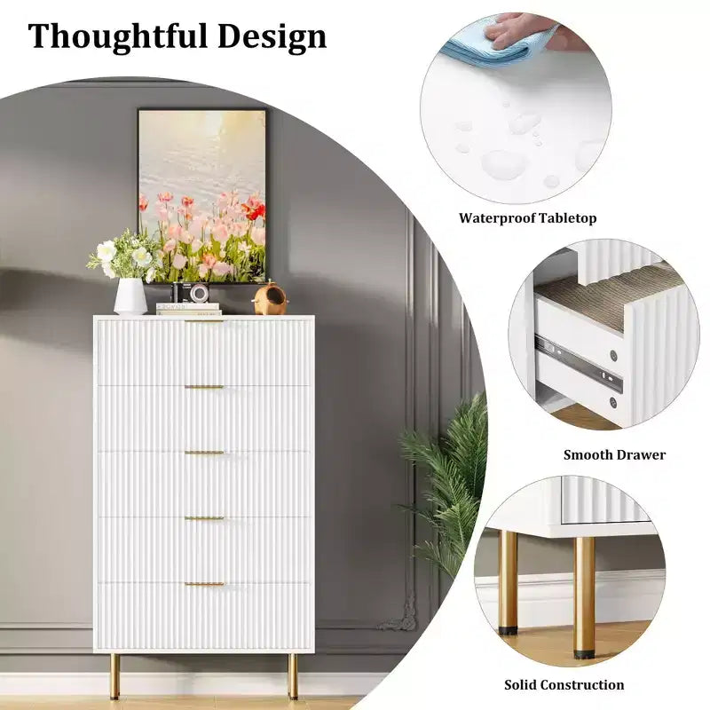 Commode blanche / marbre et bois à 5 tiroirs - panneau cannelé, pour 1 personne