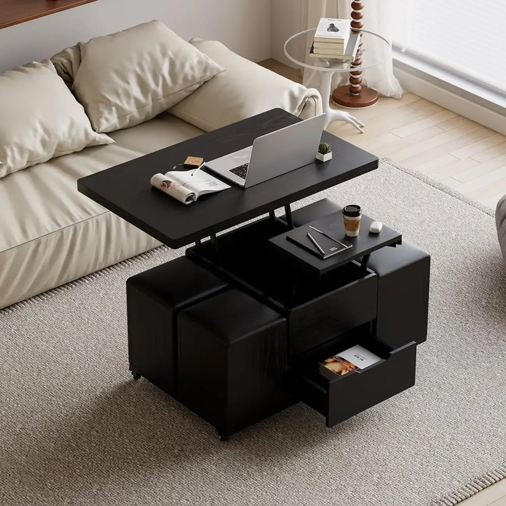Table basse pliable à plateau relevable avec 4 tabourets et espace de rangement