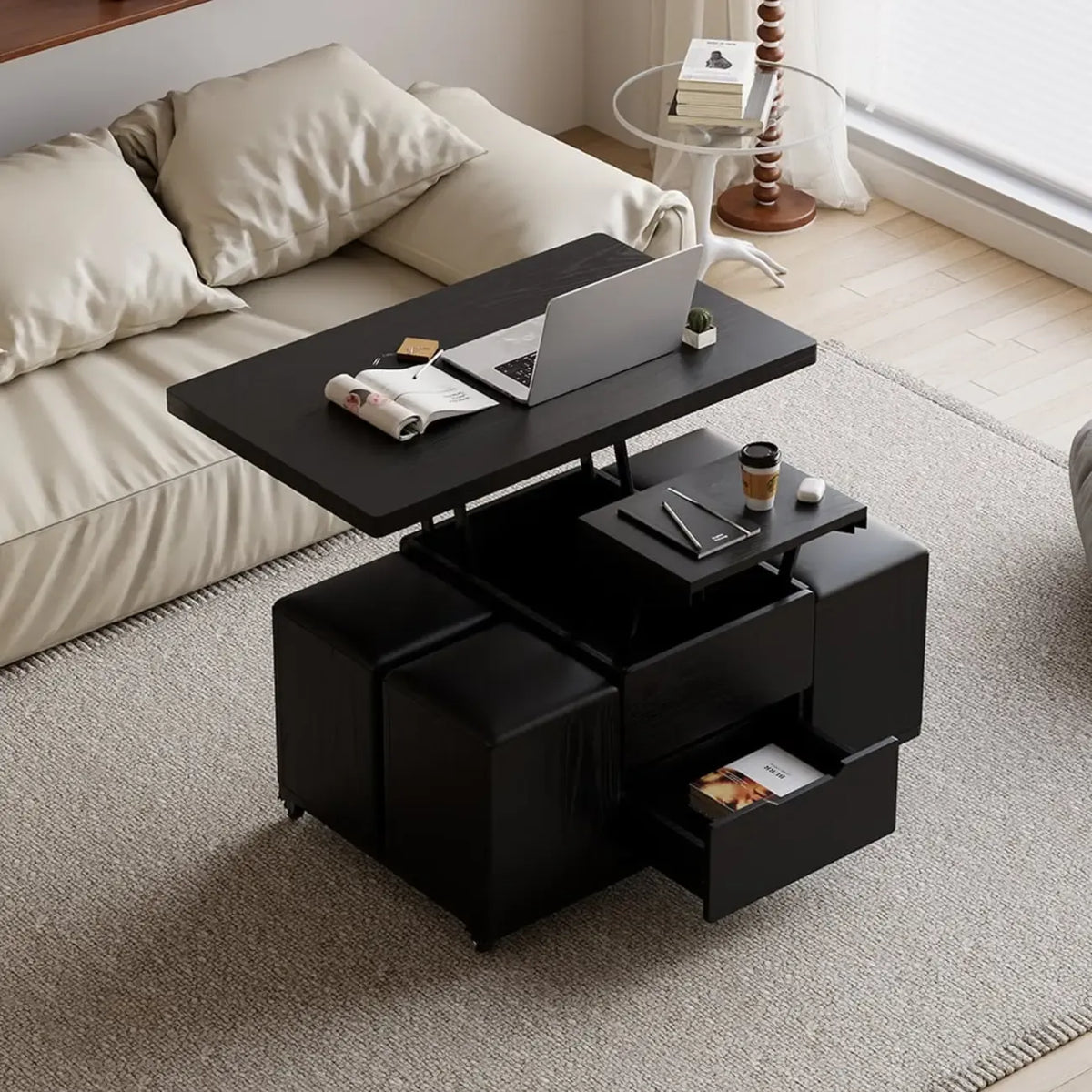 Table basse pliable à plateau relevable avec 4 tabourets et espace de rangement