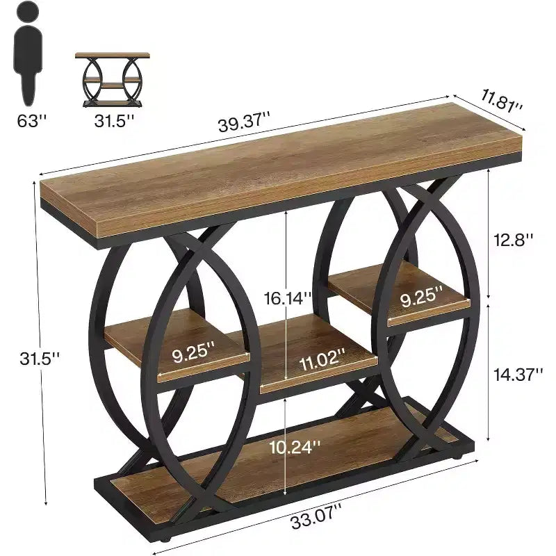 Tavolo consolle Lantine da 39,4", tavolo industriale a 4 livelli per divano e ingresso con ripiani portaoggetti e struttura in metallo per piccoli spazi, corridoio, ingresso, marrone