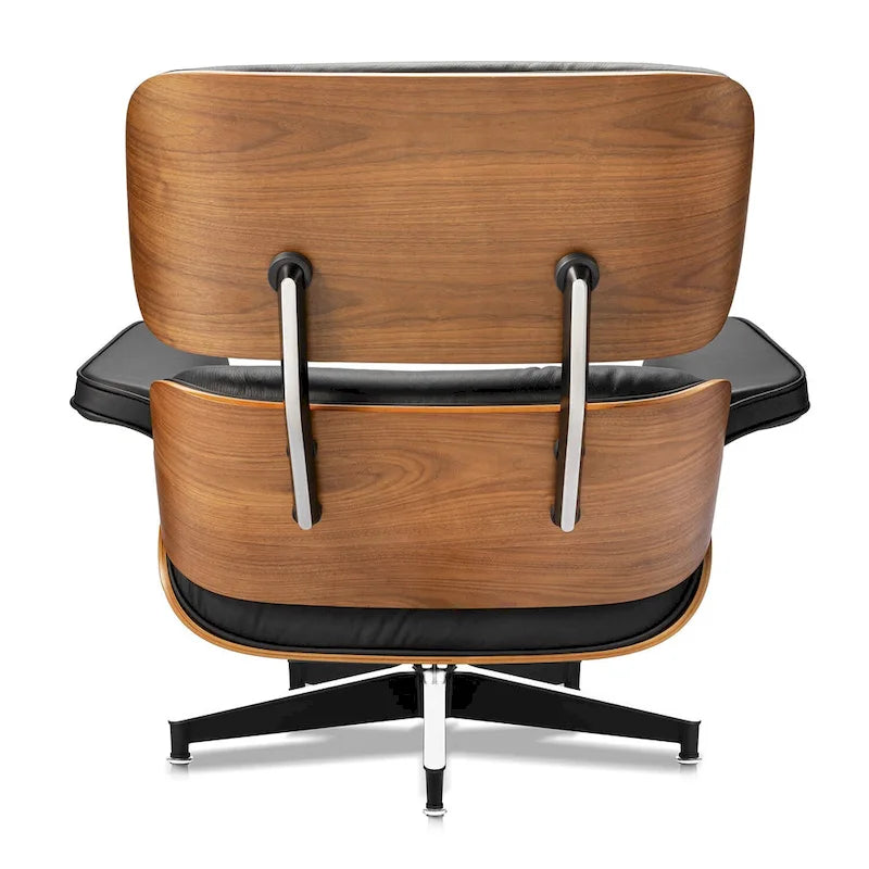 Fauteuil lounge d’appoint Furgle en cuir véritable avec pouf, bois de noyer